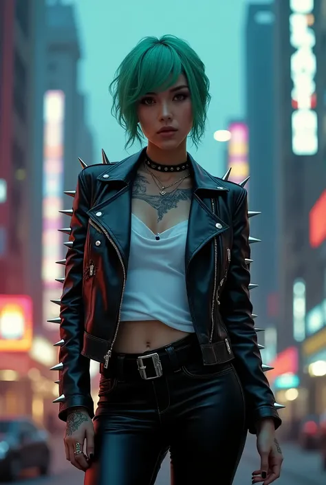 A photo of a supermodel with a cyberpunk futuristic style. She has short green hair and is wearing a black leather jacket with silver spikes, a white shirt, and black leather pants. She has multiple tattoos over her body. She is posing for an Instagram pic...