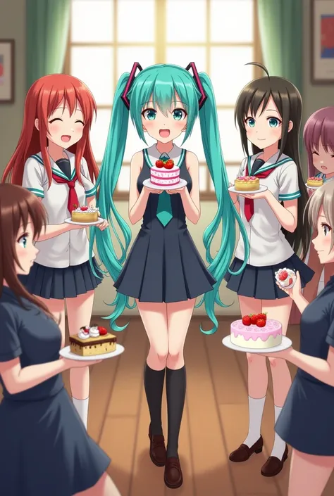 Hatsune Miku with a cake in both hands in a room with her 6 classmates