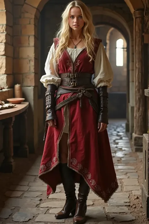 A female from the medieval era, blond hair, whole person, boots, tavern