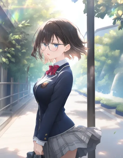 1girl, little female, school uniform, short hair, beautiful breasts, glasses, jitome, open mouth, outdoors,wind, game CG break,((artist:shida_kazuhiro)),(artist:mitsumi_misato),(artist:fujiyama),,(masterpiece), (best quality), (ultra-detailed), very aesthe...