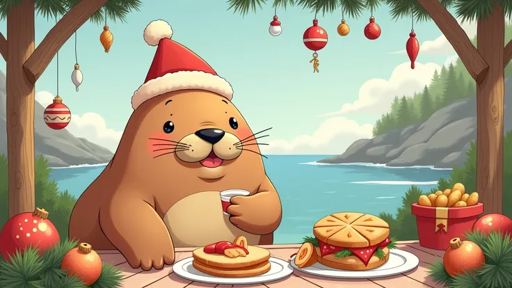  cute illustration of a walrus eating New Years food、There are feather boards and pine decorations all around 、coastal