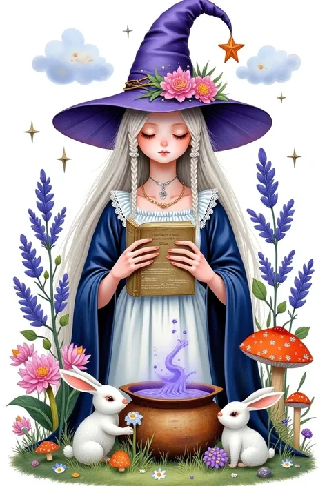 young woman,  closed eyes ,  lots of lavender around ,  keeps a recipe book ,  purple witch hat decorated with flowers ,  white rabbits and a white goose side by side ,  witch cauldron with a bubbling purple potion and flowers ,  jewelry , spring leaves, l...