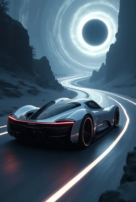 Futuristic car on a road ahead with a black hole in the background