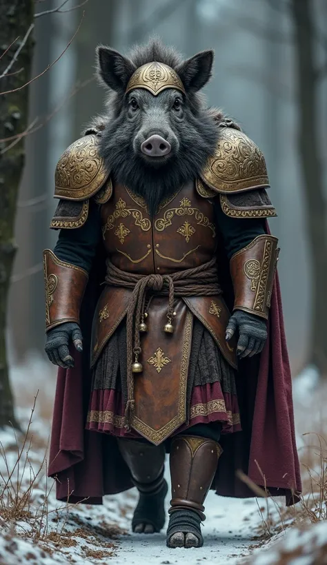 "/imagine a full body photo (masterpiece, best quality: 1.2), of an anthropomorphic boar king, ancient warrior and evil appearance in brown, robust armor, with dark pink and grayish gray accents. His armor It is brown adorned with unique markings and chunk...