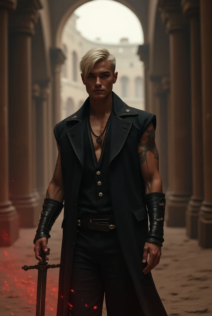 Closer, he licks the blade, Imagine Victor, a handsome adult man with chin-length, medium-blond hair styled in layered cuts, blending rebellion with elegance. He steps into an ancient arena, the colossal walls of the gladiator colosseum looming around him....