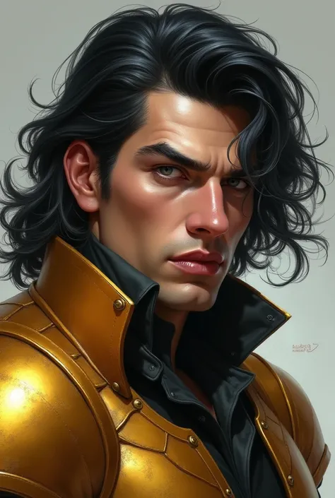 Black hair gray eyes,  marked features, man, rico, flirty, arrogant, beautiful, rogue, with wavy hair , With Colos Dorada armor 