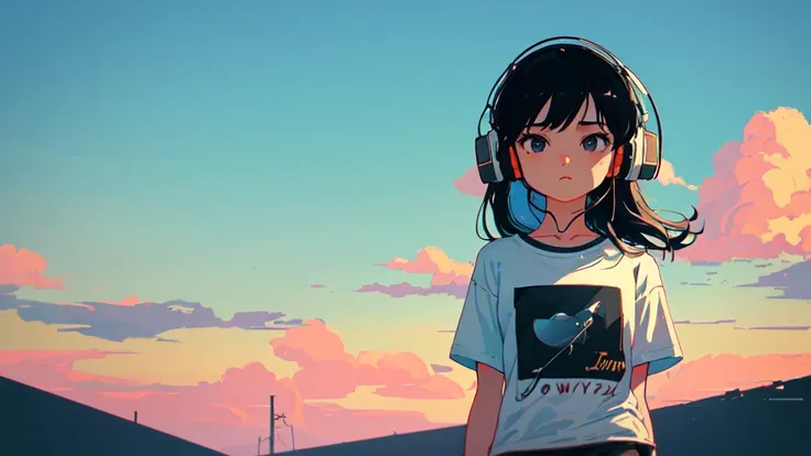 ((cowboy shot)), (lo-fi, retro, pale color, low contrast), (1girl, black hair, black eyes, t-shirt, headphone), (summer sky), (dreamy atmosphere, nostalgic)