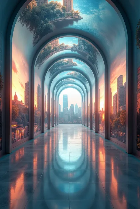 Surreal Pathway of Glimpses
An infinite pathway stretches across an open plain, with reflective panels arching over the path like frames in a gallery. Each frame holds a different view of the world—a cityscape at dusk, a quiet lake at dawn, a bustling mark...