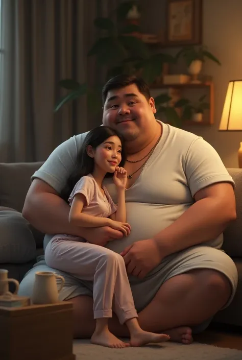 Slim woman in pajamas sitting on fat mans lap