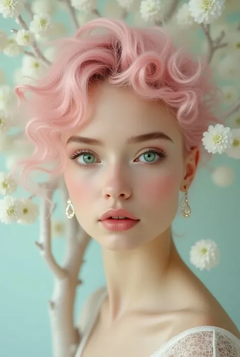 One girl 20 eyars of Black  green eyes, cabelo curto pink, face perfect, eyes perfect, Small white tree in a tree, detailed, 4k, (best quality), (best resolution), (perfect)