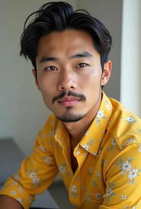 Asian man 29 years old yellow flower shirt and Balck trousers quite handsome Balck midium hair with moustache and bearded 