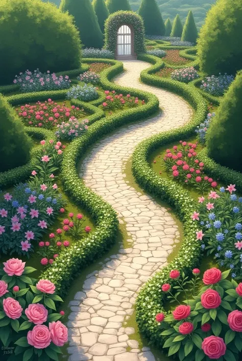 Drawing-like image of a maze of cobblestone paths and gardens full of colorful flowers