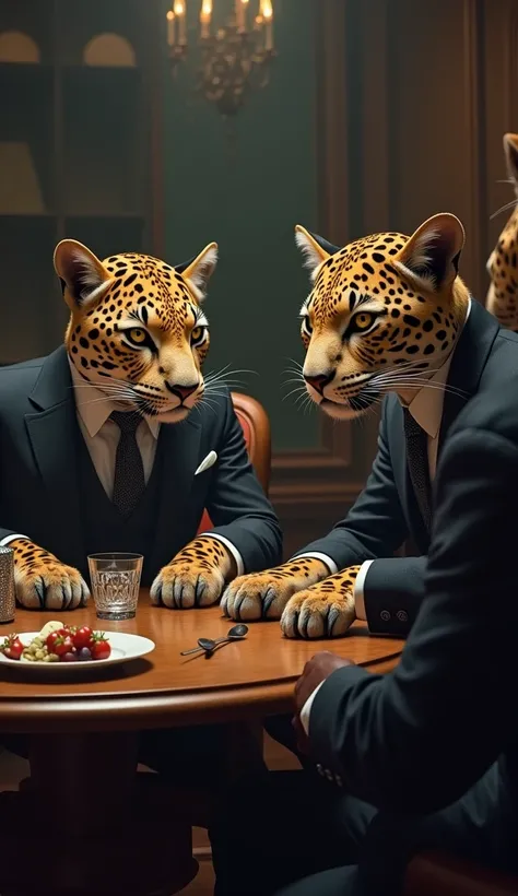 Generate three humanoid jaguars like mobsters sitting wrapped around a table with elegant suits