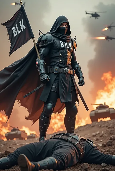 An enraged ninja superhero, clad in sleek, dark armor, stands atop a pile of fallen bodies in the midst of a chaotic warzone. The ninja’s armor is adorned with an emblem featuring the bold letters BLK across the chest, symbolizing both stealth and strength...