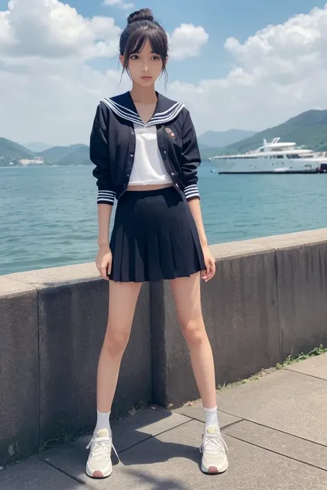  1 girl, Japanese high school girl ,Hair tied up, Toe Inside the Frame,(Realistic,) Hi-Res,  textured skin,  Ultra High Definition,  very detailed,  high detail, masterpiece,  sailor suit, women standing ,fullbody, short skirt,Long, slender legs,More beaut...