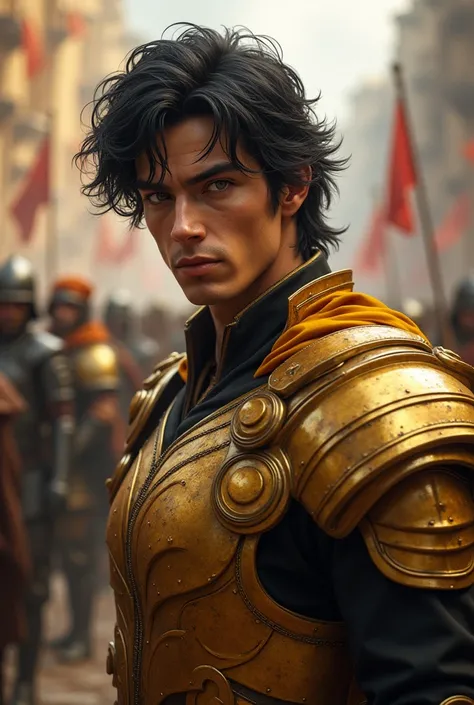 Black hair gray eyes,  marked features, man, rico, flirty, arrogant, beautiful, rogue, with wavy hair , with Colos Gold full armor, young factions