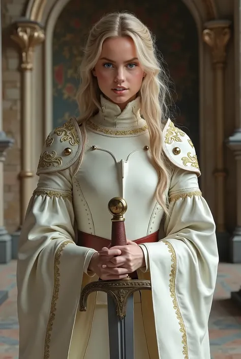 live-action、Real、Beautiful Swiss girl in medieval pale white leather armour、Light wave blonde、Long Straight Hair、Hime cut、The leather armor has beautiful patterns engraved in gold.、clear、Stand with both hands on the hilt of a sword stuck in the ground、insi...