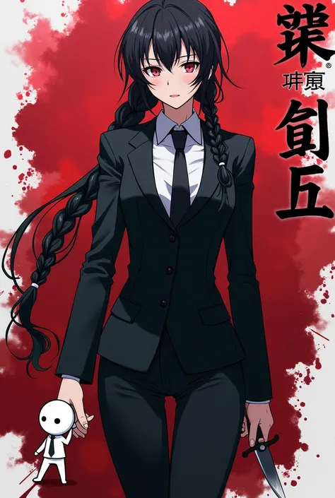 Black suit, Anime cover, Female, White Chibi person next to words, Knife, Blood splatter, anime , Braids as hair, holding Daughters hand, Words in Japanese that says “Lavender”