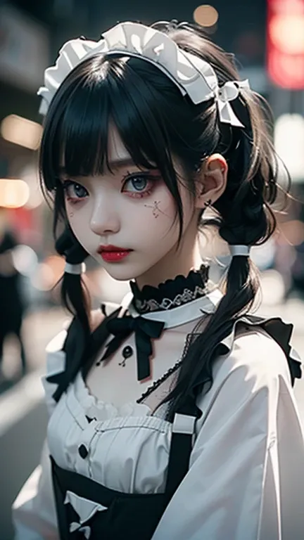  RAW Photos, 8k, (top-quality), Realistic, (live-action,  intricate details), ( natural skin texture, Detailed skin,  ããããa¼ ãããããããã , Sharpness), (しゃがんでいるJapanese Teenage Girl 夜の繁華街、Japanese Teenage Girl,  neon light), ((black and white maid costume,  Lo...