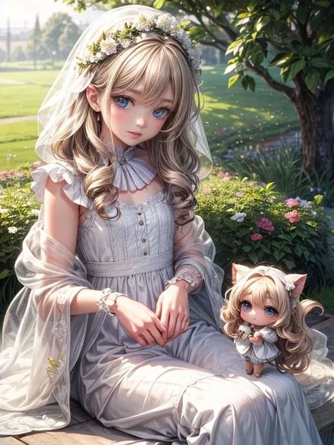 masterpiece:1.2, highest quality:1.2, 8k, CG, photorealistic:1.37, delicate detailed:1.8 (eyes, pupils, lips, face, hair, hand, skin, clothes), sleepy, soft touch illustration, platinum blond, braid, little cute girl (chibi:1.3), Embarrassingly, leaning ba...