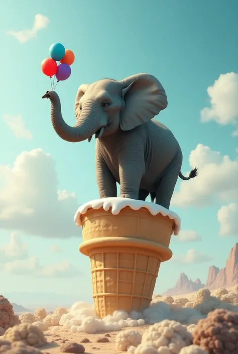  a standing elephant marabalising with a red ball, a purple one and a blue one. The elephant must also be on top of an ice cream cone in real size 