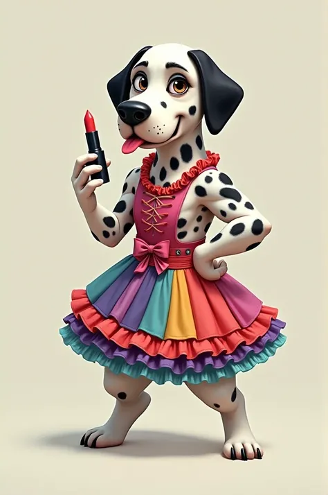 a muscular Dalmatian dog dressing up a dress and putting on lipstick 