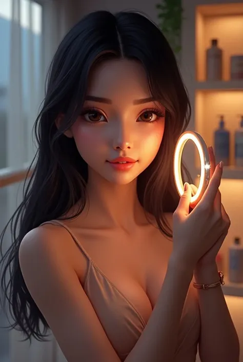 Ultra realistic human image , 8k.  Digital influencer light brown skin long straight black hair holding light ring, creative background with shelf of various products .