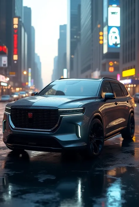 A futuristic Dodge durango with a Lincoln zephyr chromed grill 