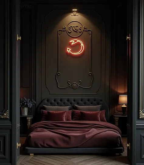 create a bedroom for a person under the Scorpio sign, based on the colors are black, wine and dark red, decorative elements, symbology, astrology, intimate light, dramatic light, dim light, completely mystical, magical and mysterious aesthetics, When decor...