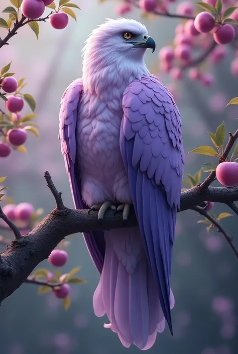 There is a lilac eagle with many feathers, the eagle on top of an apple tree. 