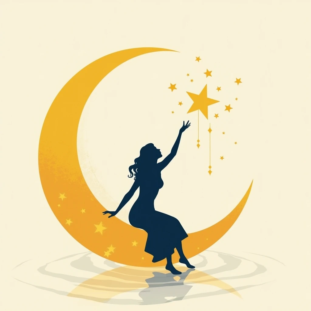 Silhouette of a woman sitting on a crescent moon, reaching out towards a shining star. The woman is surrounded by small stars and sparkles, with subtle reflections below as if on water. The color palette is simple, with dark navy blue for the woman and moo...