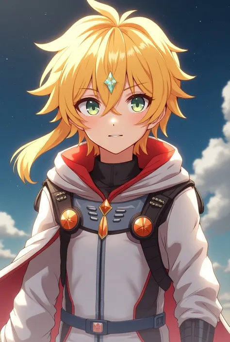 Anime boy with yellow skin, blonde hair, wearing a white space suit with a red pair of gloves and a red hood, with a star shaped crystal on his forehead