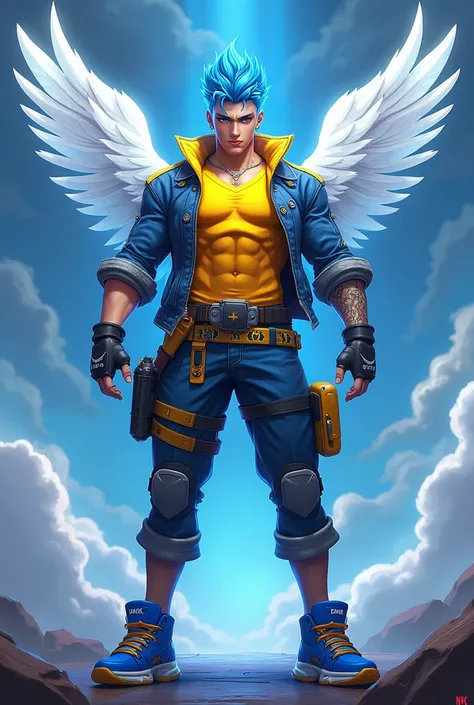 Free Fire male characters color of 
Blue hair chest color yellow color 
From the yellow Angélical 
Blue sneakers 