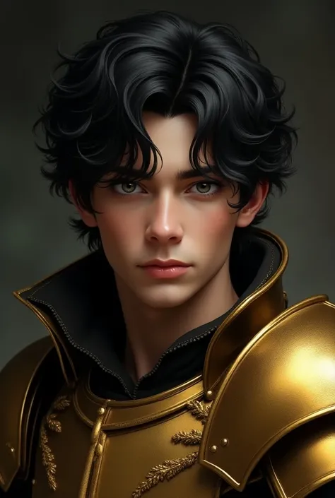 Black hair gray eyes,  marked features, man, rico, flirty, arrogant, beautiful, rogue, with wavy hair ,  with full color gold armor, young and elegant features , shorter hair 