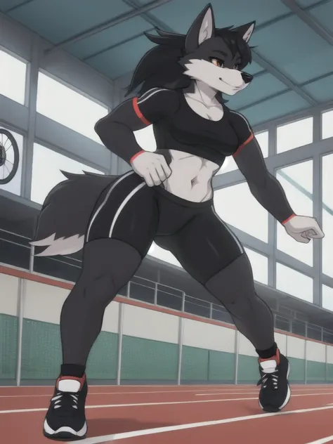 Furry, wolf, female, black shirt, black spandex bike shorts, shoes, indoor running track, friend, competitor, full body