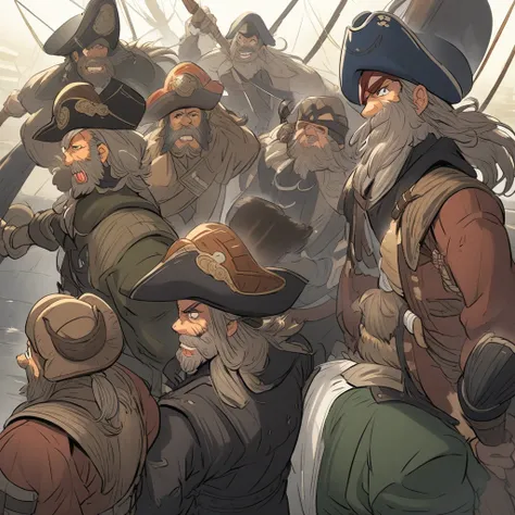 Anime, well detailed, multiple mans, ermit-beard, long haired, pirates crew