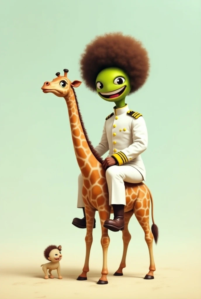 Create an image where a man with an afro and a Pacman face with green skin in a white military suit is riding a small giraffe
