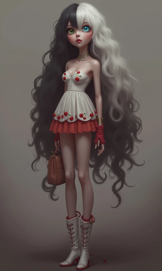 tall white woman, one blue eye and one black eye, very big eyes, small nose, small mouth, very long curly hair, white and black, white bustier dress with cherry design and short pleated skirt with white and red boots, a handbag small in hand