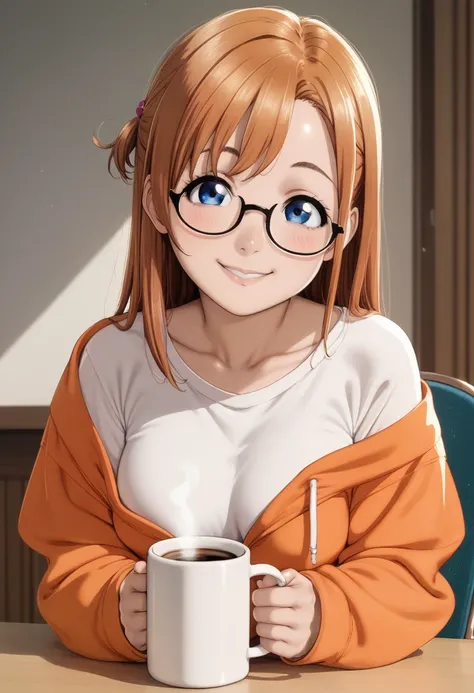 score_9, score_8_up, score_7_up, score_6_up, source_anime, glasses, orange hoodie, oversized clothes, table, sitting on chair, coffee mug on table, smile, looking at you, happy,Shiny skin, kousaka honoka, blue eyes, beautiful, tight , Blushing, breasts, al...