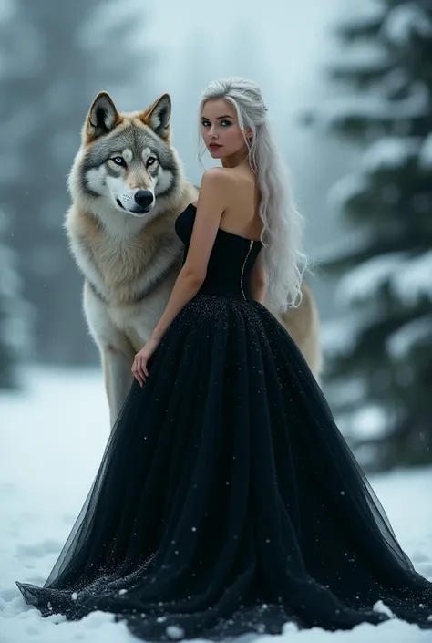 Create an image of white 25 years old gorgeous bulky girl with white hair and blue eyes, in black ballroom dress, total attire is black. Standing with big jet black wolf with anthropomorphic fur, blue eyes (both have a pensive look) background is full of s...