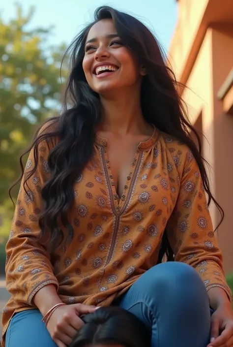 Beautiful laughing 23 years rich young  girl wearing  confident long  hair clear facial features big breast, realistic fair skin wearing printed kurta and Blue leggings sitting on shoulder of a man 