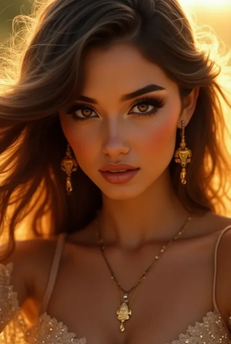 a beautiful woman, detailed face, piercing eyes, full lips, long eyelashes, elegant pose, flowing hair, intricate jewelry, golden hour lighting, cinematic composition, dramatic shadows, vibrant colors, dream-like atmosphere, fantasy style, digital art