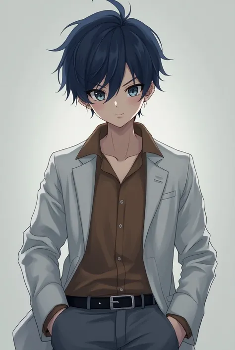 make a anime boy character with navy hair white eyes brown shirt white jacket and gray pants