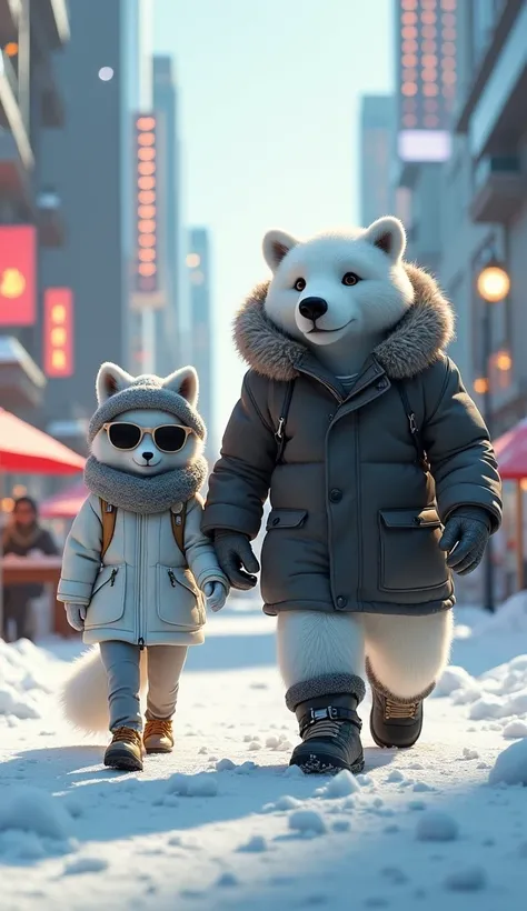     Arctic Fox: The fox is sleek and elegant, wearing a white, fur-lined parka with silver zippers, slim-fit snow pants, and stylish snow boots. A cozy scarf wraps around his neck, and oversized sunglasses add a touch of cool. His small, agile build is acc...