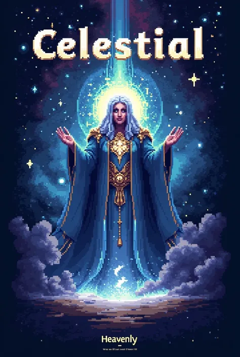 A pixel art ,  logo that says CELESTIAL  ( God of the Universe theme ) Let the bottom say heavenly 