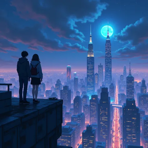  create an image of a cyberpunk-style city , a very technological city ,  based on the city called Night City from the Cyberpunk game,  a city seen from above by a couple on top of a building ,  a bustling city illuminated by a beautiful starry sky illumin...