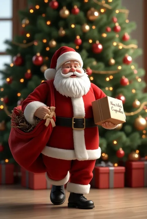 
The theme is Christmas
realistic style . 
 Santa Claus walking in front of a Christmas tree with a red sack full of square brown boxes labeled with small Hnos Villeta cupcakes . In the bag and a larger box without ties in the left hand brown and the bag i...