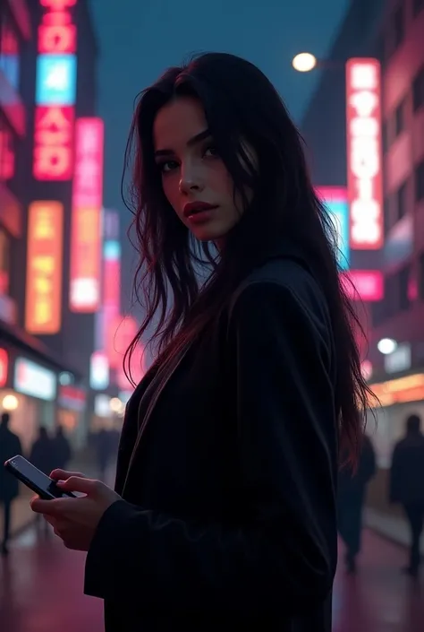 girl in urban city landscape, elegant urban fashion, long hair, beautiful detailed eyes, beautiful detailed lips, extremely detailed face, longeyelashes, holding phone, street lights, night scene, cinematic lighting, moody colors, neon lights, cyberpunk, h...