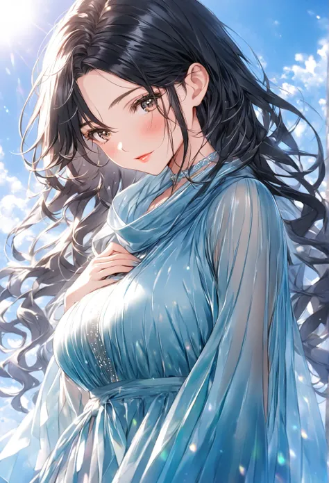 POV: Far ((highest quality)), ((masterpiece)), (detailed), (one girl), sexy, shiny skin, glossy skin, height 168cm, bust 120cm, medium size breast, hourglass body, housewife, black hair parted bangs, A mother with warm eyes, Looking down with gentle eyes, ...