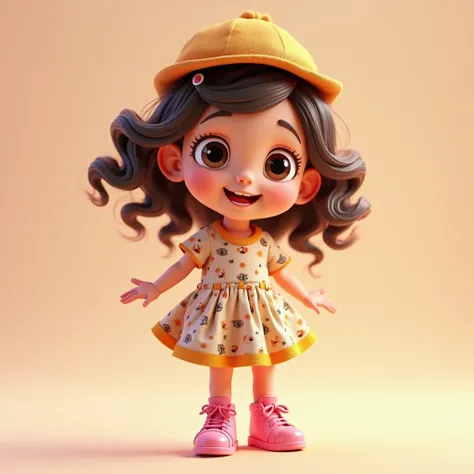 -A 3D hyperrealistic Create an image of a cheerful  with bright, sparkling eyes and Wavy hair. 
She is wearing a dress with soldier occupations patterns and wearing pink shoe and is playing  The scene radiates warmth and joy, 
capturing the essence of hood...